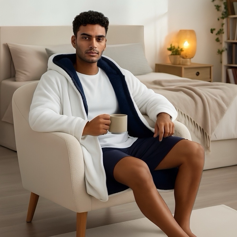 Sherpy Cozy Wearable Blanket Hoodie Zip Front | Off-White & Navy L/XL Oversized
